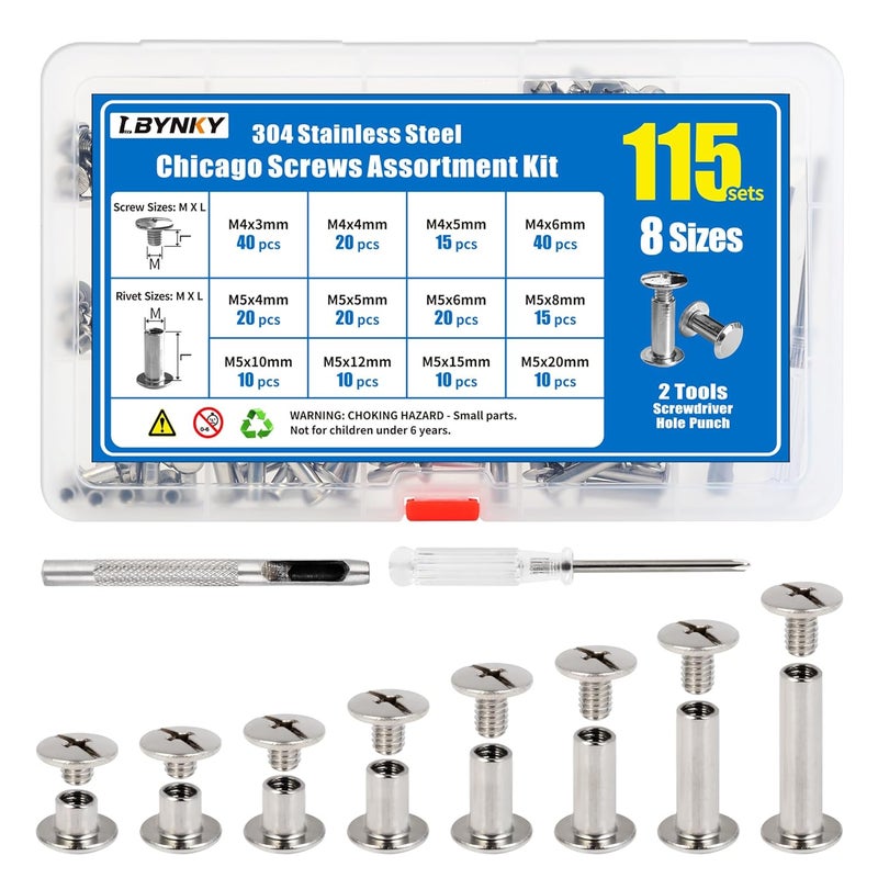 LBYNKY 115 Sets Chicago Screws Kit for Leather Crafts, 304 Stainless Steel Binding Screws Rivet, 8 Sizes (M5x4/5/6/8/10/12/15/20mm) Binding Post with Tools for DIY Projects, Belts, Books & Repairs - Image 1
